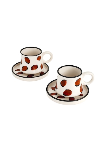 2 Li Takım Leopar Desenli El Yapımı Kazan Seramik Kahve Fincanı, Kahve Fincanı Beyaz