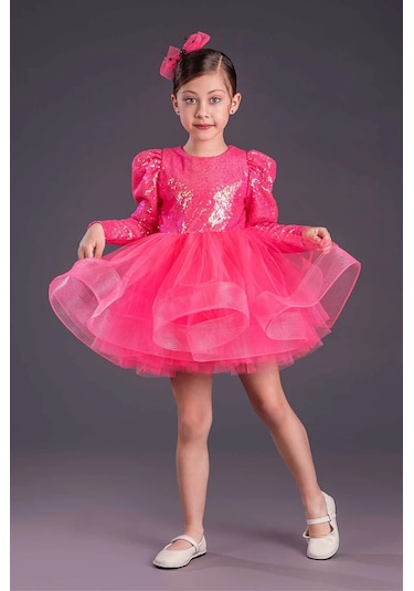 Uzun Kol Balerin Elbise Tütü Etek Pul Payetli Fuşya