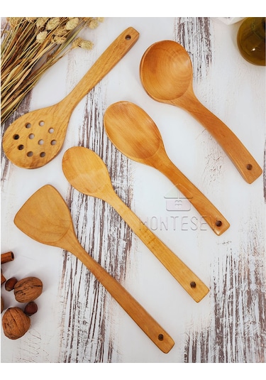 Ahşap Tahta Mutfak Kaşık Seti 5 Parça Kayın, Şimşir Ağacı 5-3