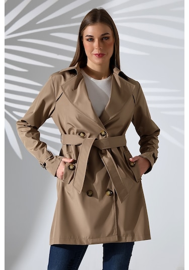 Kadın Degaje Kuşaklı Yarım Boy Astarlı Uzun Kollu Döğmeli Trençkot Vizon Vizon