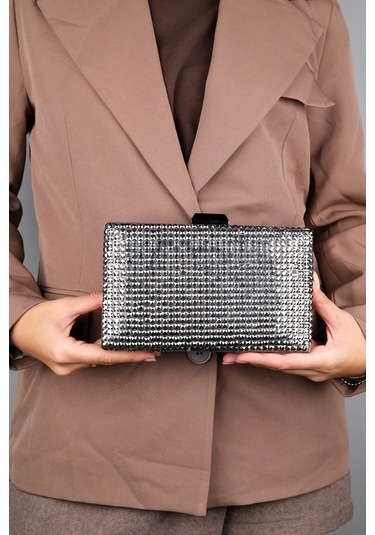 Gomeda Platin Kare Taşlı Kadın Abiye Çanta Platin Kristal