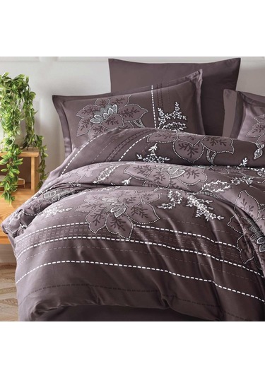Clasy Pamuk Saten Çift Kişilik Nevresim Takımı Moya v1 Kahve Kahverengi