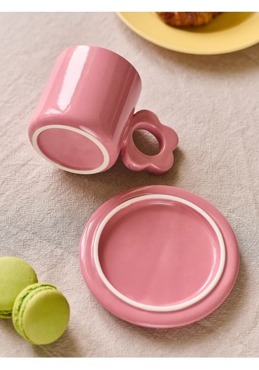 Roomi Seramik Çay Takımı 325 Ml, Kup Ve Halka Desenli Fincan Takımı 458193317 Pembe