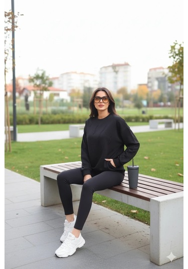 Cemo Günlük Uzun Kollu Bisiklet Yaka Basic Bluz/sweatshirt Siyah