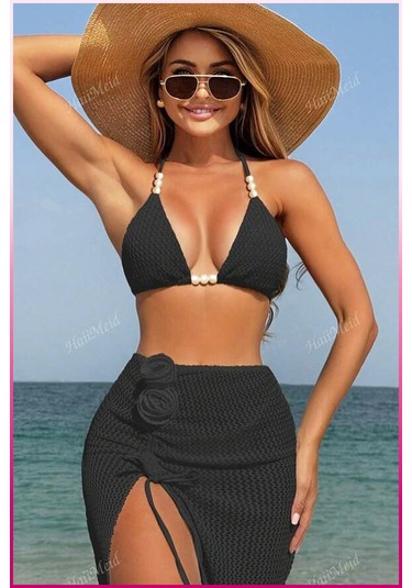 Kadın Siyah Askılı İncili Mayo Takımı Çok Renkli