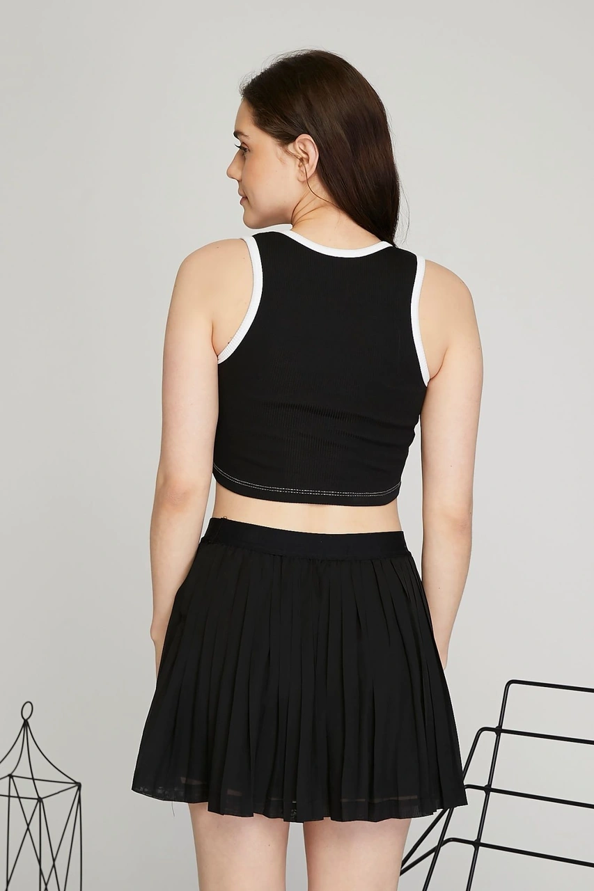 Kadın Deri Crop Ribana Kaşkorse Likralı Deri Garnili Baskılı Crop Büstiyer Deri Üzeri Baskılı Crop Siyah