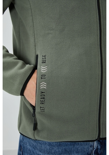 Tommy Life Çağla Yazı Nakışlı Dik Yaka Fermuarlı Standart Kalıp Erkek Sweatshirt Polar - 87992 Çağla