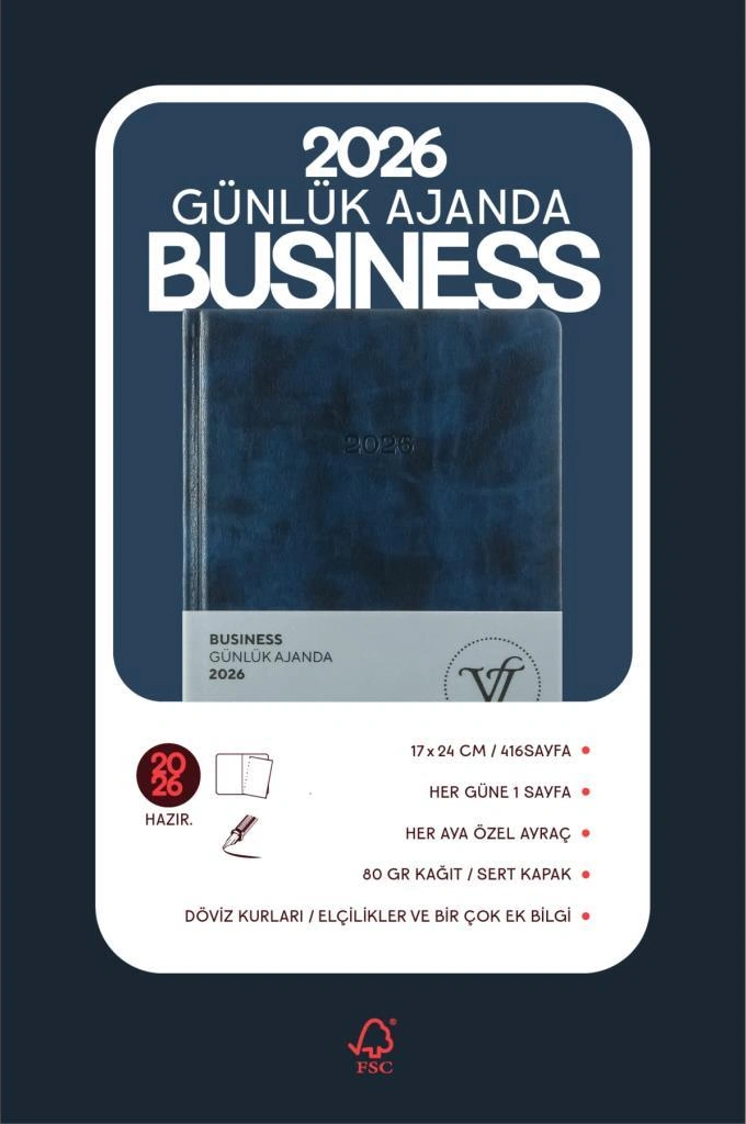 Victoria's Journals Business 2026 Günlük Ajanda 17x24cm Sert Kapak Ivory 80gr. Ayraçlı Lacivert Lacivert