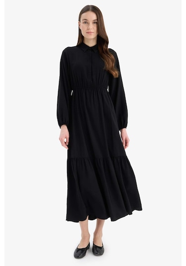 DeFacto 	Gömlek Yaka Basic Düz Düğmeli Beli Büzgülü Uzun Kollu Maxi Elbise D5851AX25SPBK81