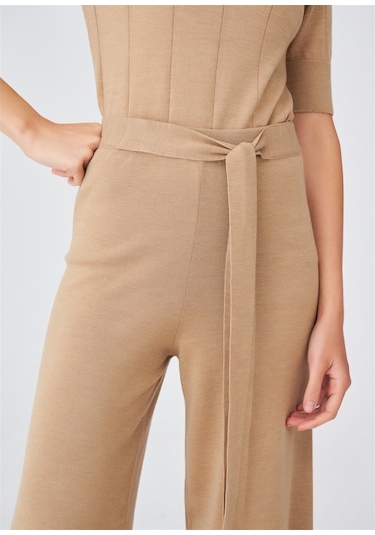 Peraluna Boru Paça Yüksek Bel Kadın Triko Pantolon Camel Melanj
