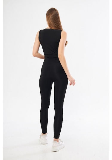 Lesa Wear Yüksek Bel Likralı Toparlayıcı Tayt Crop Takım Siyah