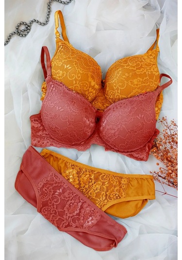 Kadın Hardal Ve Kiremit Rengi Dolgulu Balenli Sütyen Külot 2'li Paket Çok Renkli