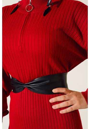 Bigdart 15900 Boydan Tesettür Triko Elbise - Kırmızı