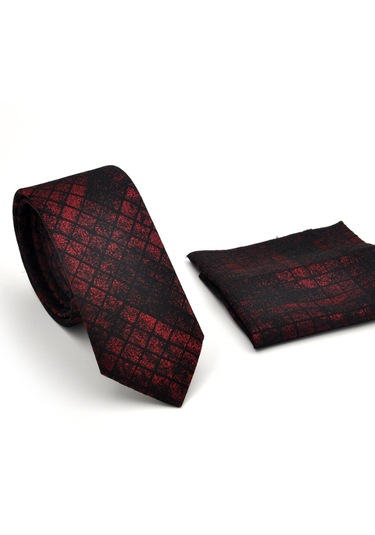 Bordo Siyah Küp Desenli Dokuma Kumaş Mendilli Slim Fit Kravat // Sdk230908 Desenli
