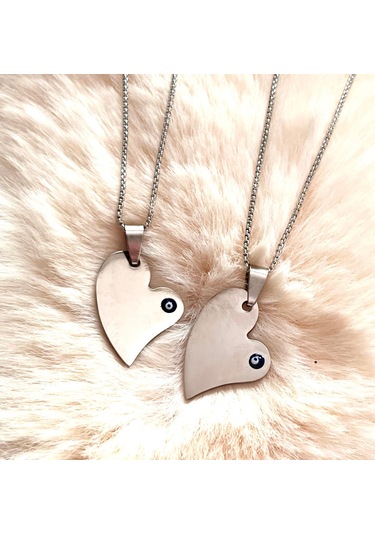 Gns Aksesuar Aşk Temalı Kalp Ve Nazarlık Detaylı Sevgili Çelik Kolye Seti Gümüş