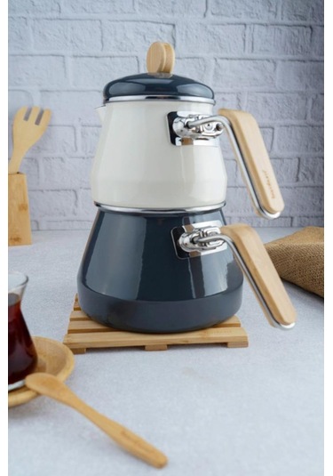 Bambum Lumino Bambu Kulplu Emaye Çaydanlık Takımı Gri