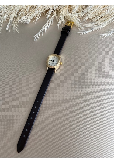 Esrada Quartz Retro Minimal Vintage Deri Kordon Kadın Kol Saati Gold