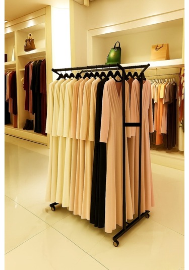 Premium 170 Cm Çelik Konfeksiyon 105 Cm En Elbise Askılık Tekerlekli Demonte Portmanto Hanger Siyah