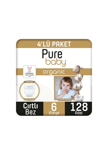Pure Baby Organik Pamuklu Cırtlı Bez 4'lü Paket 6 Numara Xlarge 128 Adet