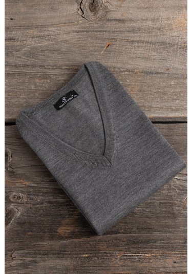Woolen World V Yaka Battal Büyük Boy Yünlü Triko Kazak Gri