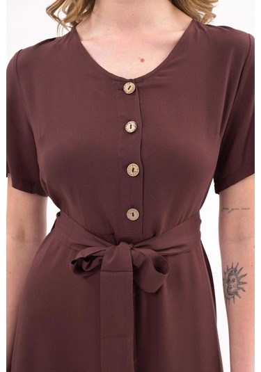 Apsen Kadın Elbise Kahve Renk Önden Düğme Detaylı Yazlık Midi Elbise 4437-105 Kahverengi