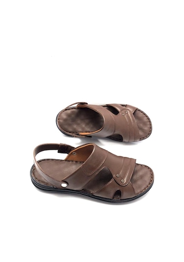 Derilax Hakiki Deri Tam Ortopedik Büyük Numara Erkek Sandalet Kahverengi