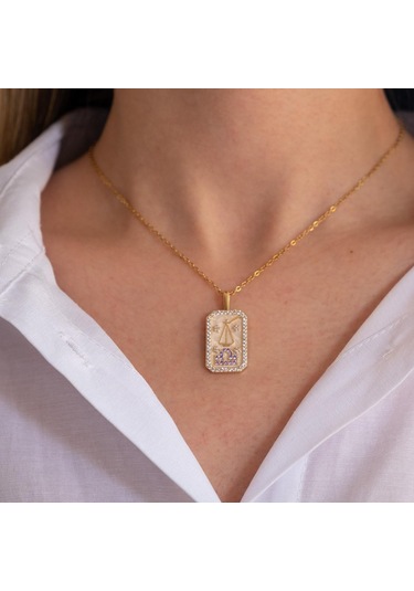 Çelik Kolye, Altın Kaplama Terazi Burcu Kadın Kolye K-112 Altın