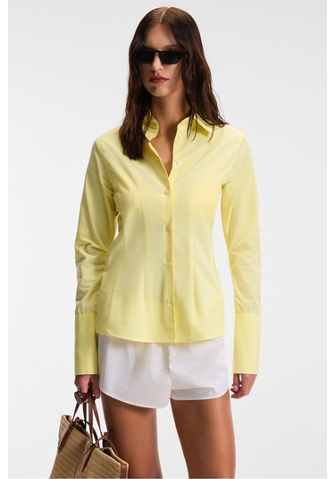 PAPILUS Kadın Regular %100 Organik Pamuk İnce Uzun Gömlek Yaka Uzun Kollu Sarı Gömlek