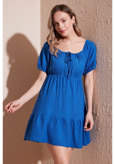 Lela Önü Büzgülü Balon Kollu Mini Bayan Elbise 5869005 Saks