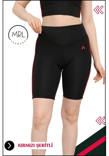 Kadın Siyah Yüksek Bel Toparlayıcı Biker Şort Kısa Spor Tayt Likralı Dalgıç Biker Tights 1043 Siyah Kırmızı