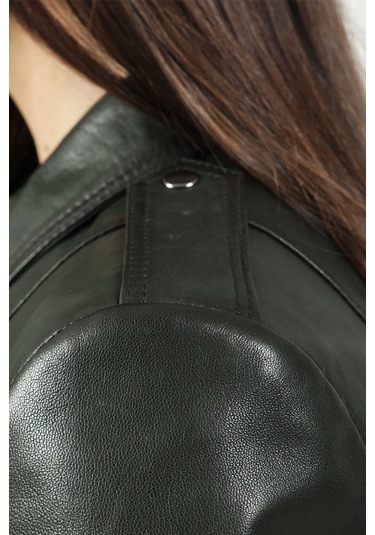 Dericlub Yb-Vgn1 Crop Fit Gerçek Deri Kadın Mont Yeşil