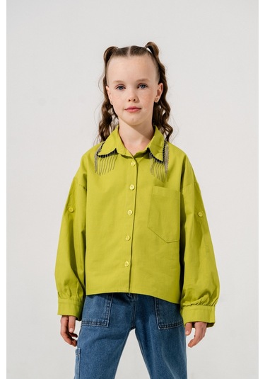 Kız Çocuk Yakası Taşlı Gömlek 3126 Fıstık Fıstık Yeşili