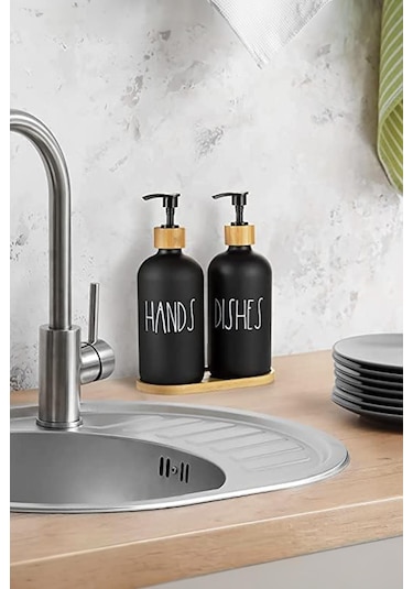 2 Li Bambu Altlıklı Sıvı Sabunluk Seti Siyah