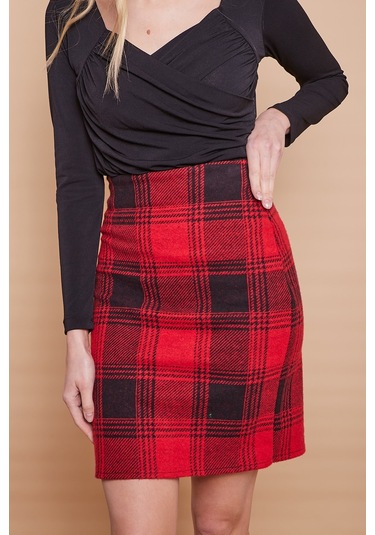 Kışlık Likralı Yünlü Kumaş Yüksek Bel Diz Üstü Kalem Etek-Bordo D