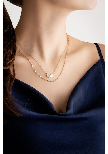 Lucky 18 Ayar Sarı Altın Kaplama 50 Cm Gümüş İkili Kolye