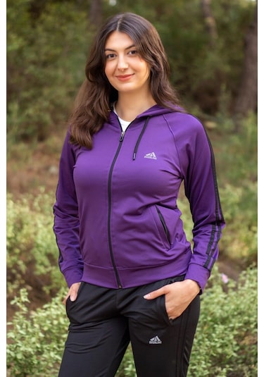 Kadın Mürdüm İki Şeritli Biyeli Fermuarlı Kapüşonlu Spor Eşofman Takımı 21kestax11 001