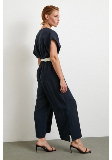 Kemer Detaylı Yarasa Kol Tulum Lacivert Lacivert