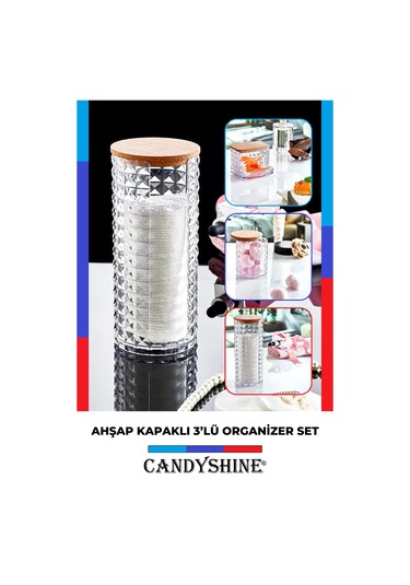 Ahşap Kapak 3'lü Organizer Set Modern Pamukluk Banyo Düzenleyici Şeffaf