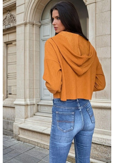 Hardalyarım Fermuarlı, Kapüşonlu, Casual Bluz HARDAL