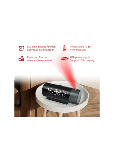 Tenfowee Fj1006a Siyah Led Projeksiyon Alarm Saati: Usb Şarj, 4 Seviye Parlaklık, Snooze, Sıcaklık Göstergesi Ve 180 Döner Projeksiyon