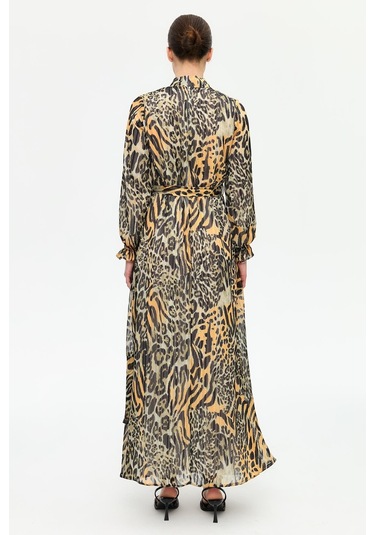 Leopar Desenli Empirime Elbise Kahve Kahve