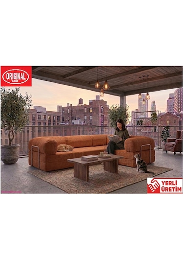 Herev Max 300x200 Kk Köşe Koltuk Takımı / Fitilli Kadife Kumaşlı Şark Köşe Turuncu