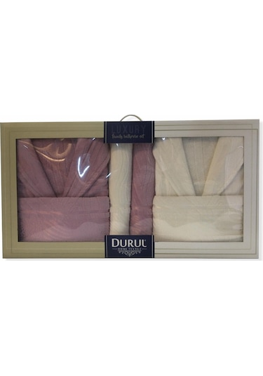 Durul Kadife Jakarlı Aile Bornoz Seti / Gül Kurusu - Krem