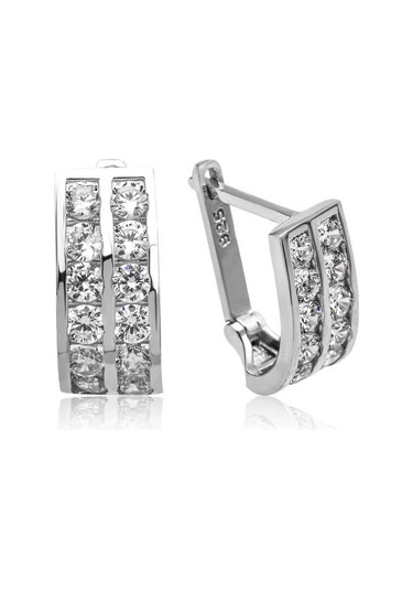 Aya Diamond Gümüş Çift Sıra Beyaz Taşlı J Kadın Küpe Beyaz