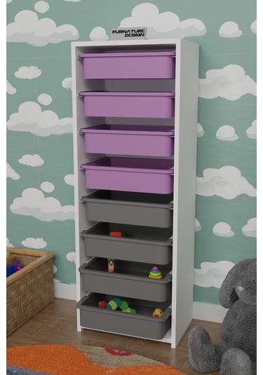 8 Sepetli Çok Amaçlı Oyuncak Mutfak Dolabı - Beyaz-pembe&gri