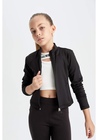 Defacto Kız Çocuk Basic Düz Fermuarlı Cepli Dik Yaka Siyah Hırka D2758A824AUBK81 Siyah