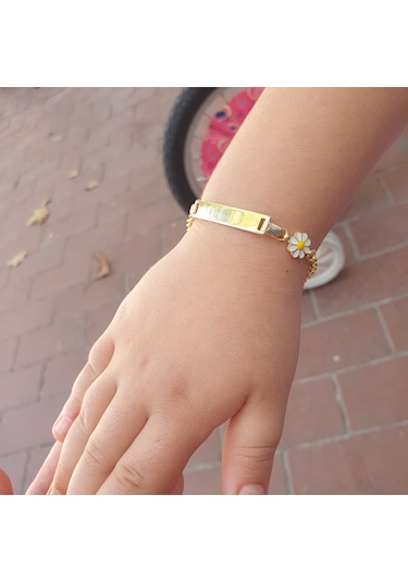 22 Ayar Altın Kaplama Papatyalı İsimli Çocuk Gümüş Bileklik Künye