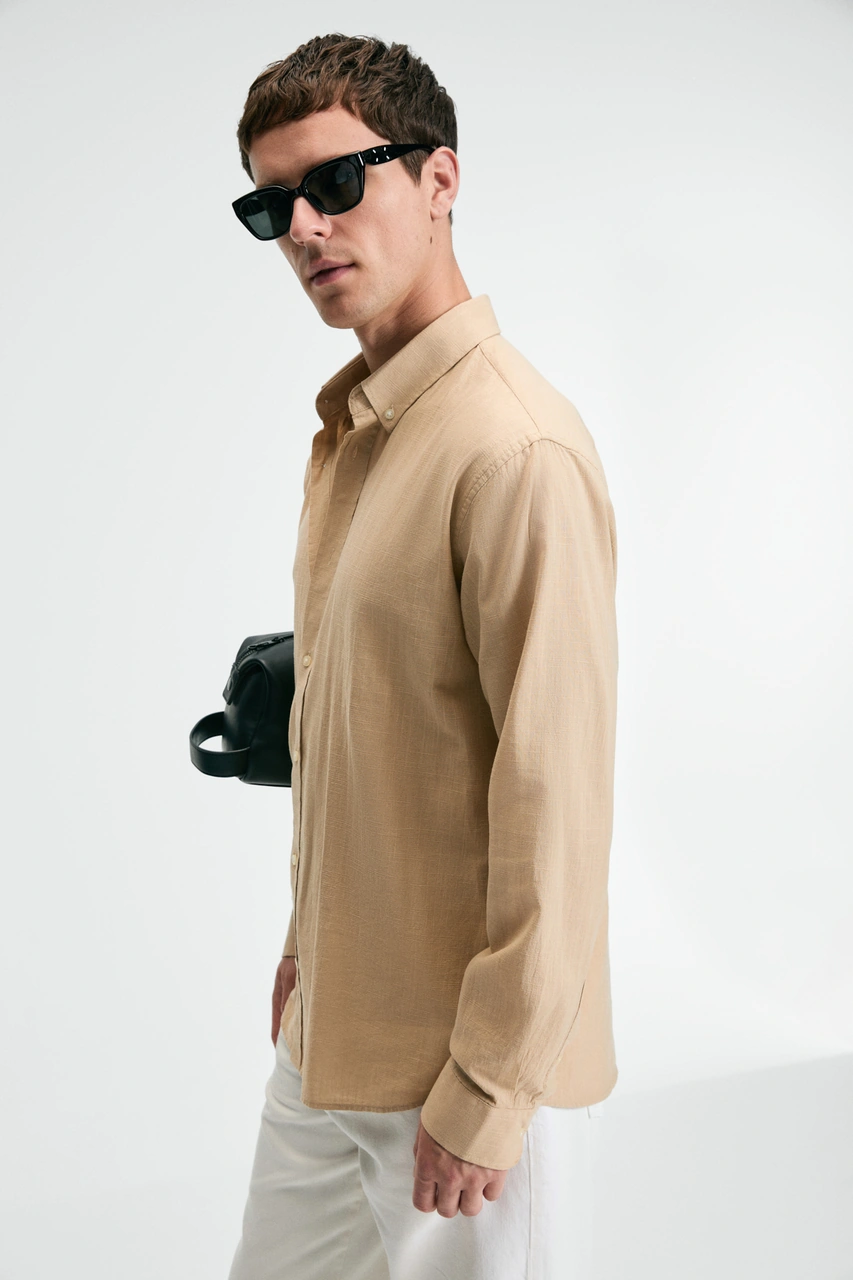 Grımelange Perttu Erkek %100 Pamuk Slim Fit Dar Kesim Düğmeli Yaka Keten Görünümlü Flamlı Bej Gömlek Bej