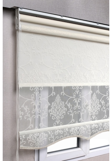 Çiftli Sistem Kırık Beyaz Damask Desenli Tül + Stor Güneşlik Perdeler