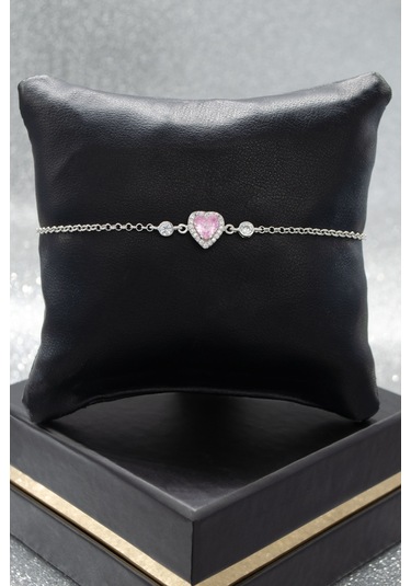 Pembe Kalp Tasarımlı 925 Ayar Gümüş Kadın Ayarlanabilir Bileklik - Gümüş